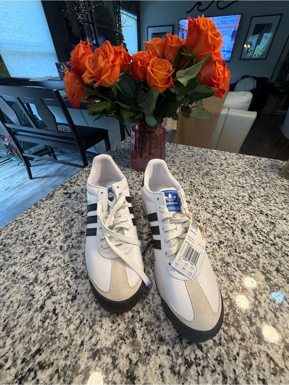 adidas Men’s White Sneakers with Black Stripes and Blue Tongue Logo